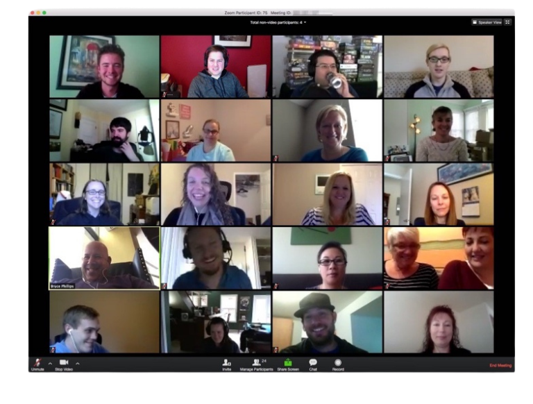 Image is a screengrab from a Zoom Meeting with 20 video screens with four across each of five rows. On camera are various individuals joining a PFLAG NYC Virtual Meeting.